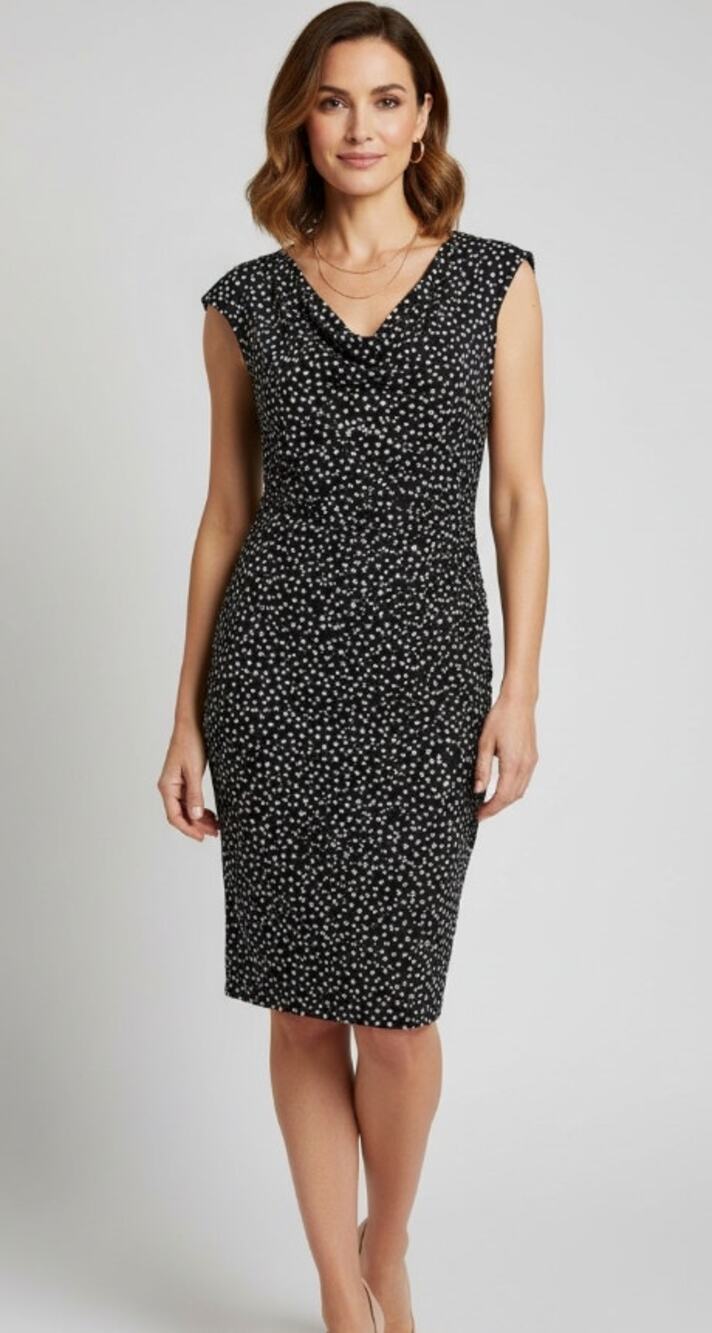 LAUREN RALPH LAUREN RUCHED FAUX WRAP POLKA DOT MIDI DRESS BLACK WHITE WOMENS 12